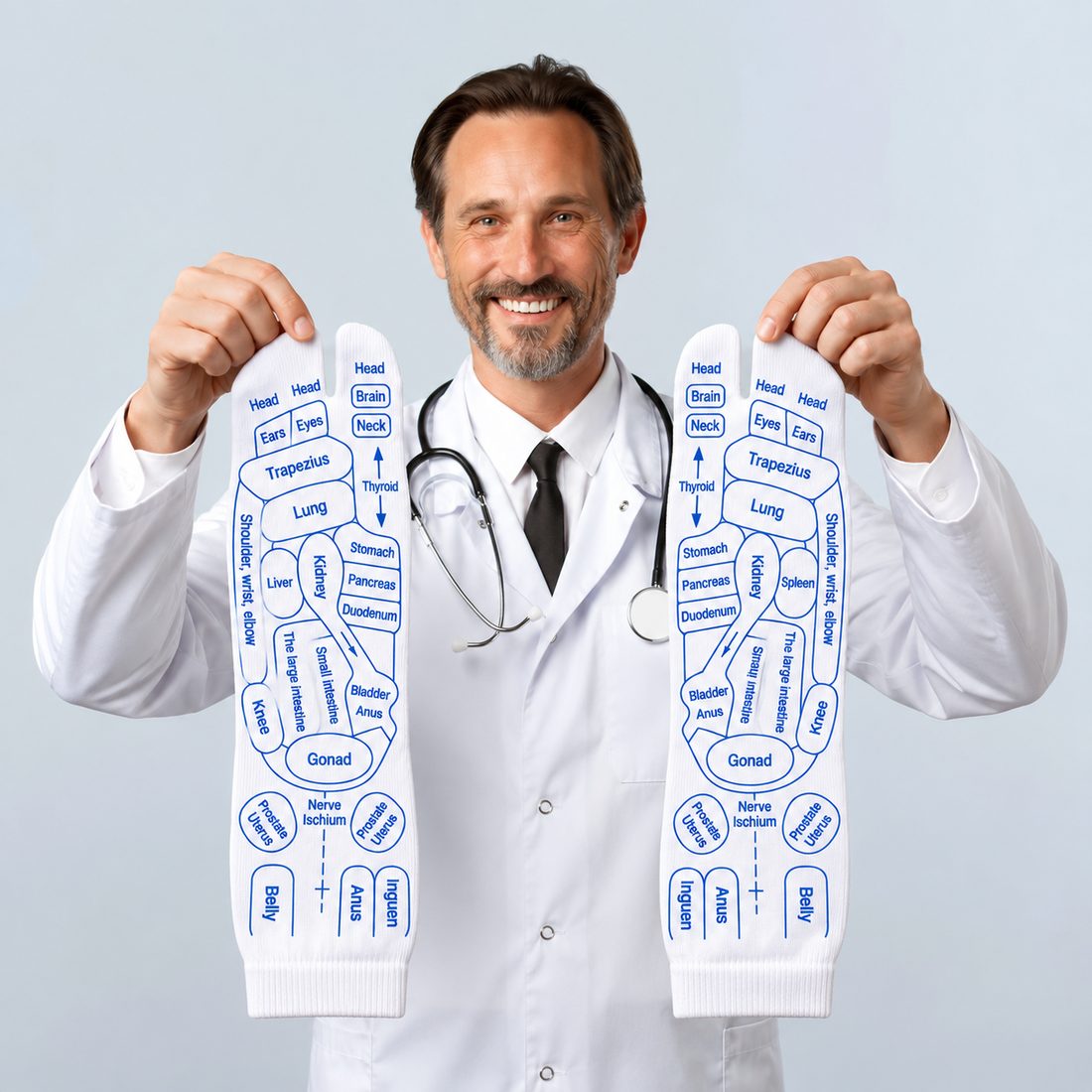 Reflexology practitioner holding Step Therapy mapped socks